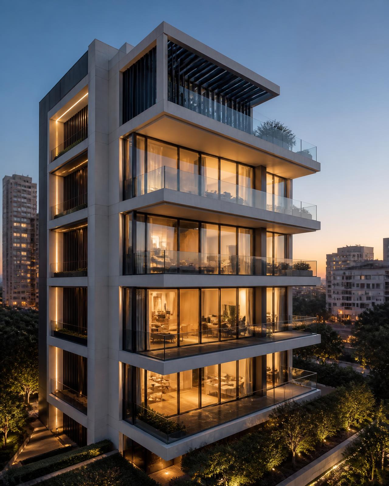 Contemporary apartment architecture with warmly lit residences at dusk